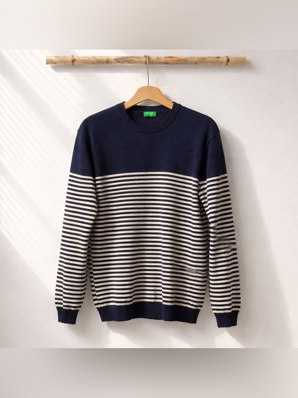 Vintage Benetton Navy Breton Stripe Sweater M/L Preppy Coastal Cotton Blend Knit
